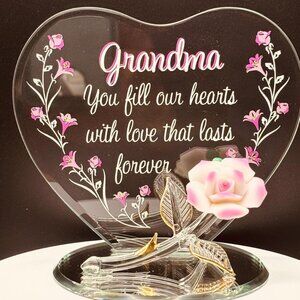 Grandma You Fill Our Hearts Pink Rose Glass Figurine on Mirror Family Gift